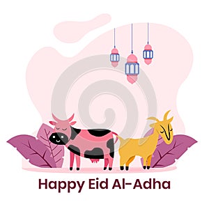 Happy cow and sheep colorful flat illustration. Islamic design illustration concept for Happy eid al adha or sacrifice celebration