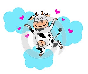 A happy cow soars in the sky. Cow and hearts. Cartoon. Vector