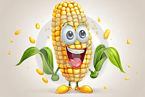 Happy crazy cartoon corn cob character.