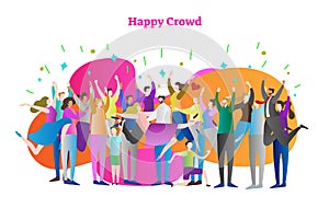 Happy crowd vector illustration. Man and woman with raised hands celebrates victory or win. Happy human confetti party.