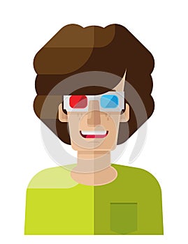 Happy Curly Hair Young Man Wearing 3D Glasses Flat Vector Illustration Avatar