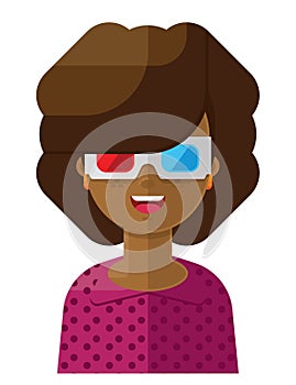 Happy Curly Hair Young Woman Wearing 3D Glasses Flat Vector Illustration Icon Avatar