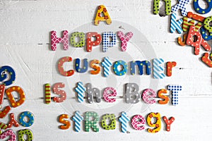 A happy customer is the best strategy text from colourful letters on white background, customer care concept