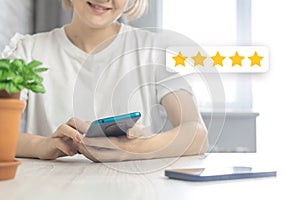 Happy customer evaluate with five star, review the service, and feedback icon, concept of excellent rank for giving best