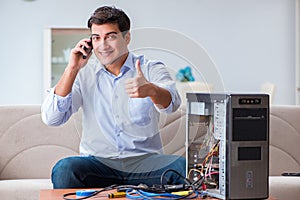 The happy customer resolving his computer problem