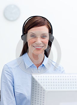 Happy customer service agent with headset on