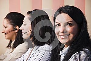 Happy customer service women give information