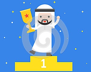 Happy Cute arab business man holding trophy, business situation