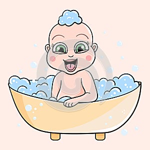 Happy cute baby bathing with foam and bubbles. Vector illustration