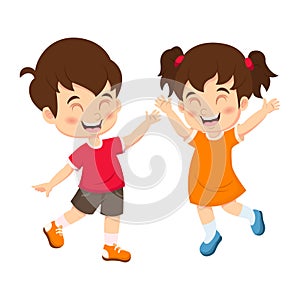 Happy cute boy and girl cartoon waving hands