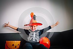 Happy cute boy prepare for halloween celebration