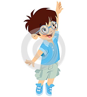 Happy cute boy pupil with glasses trying to reach something