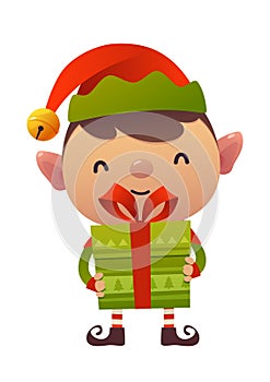 Happy cute cartoon christmas elf with gift present on white background