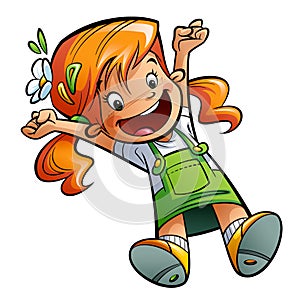 Happy cute cartoon girl jumping happily stretching hands and leg