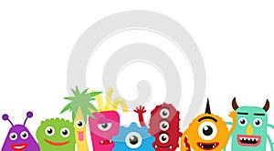 Happy cute cartoon monsters gangs on white background