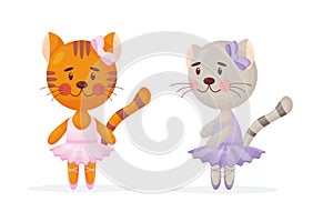 Happy cute cat, kitten character, ballet dancer in pointed shoes and tutu skirt, cartoon vector illustration isolated