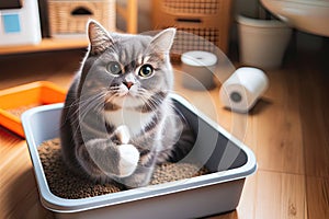 happy Cute cat sitting in a litter box and looking sideways shows paw thumbs up, animal care concept