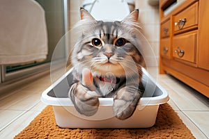 happy Cute cat sitting in a litter box and looking sideways shows paw thumbs up, animal care concept