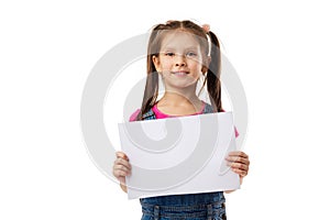 Happy cute child girl holding empty blank