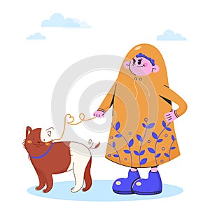 Happy cute child walks through the puddles in yellow raincoat and with dog.Raining season.Vector illustration,y2k
