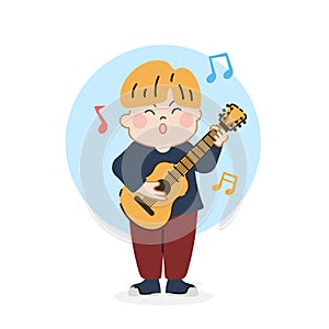 Happy cute children boy sing a song and play guitar. Cartoon hand drawn character vector isolated on white background