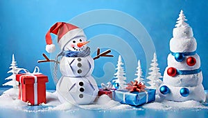 Happy cute Christmas snowman in winter christmas