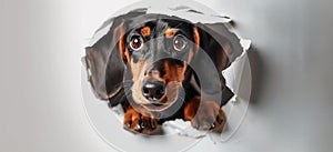 A happy cute dachshund dog rips a round hole through a white paper wall and peeps through the hole. Focus on the eyes of the dog