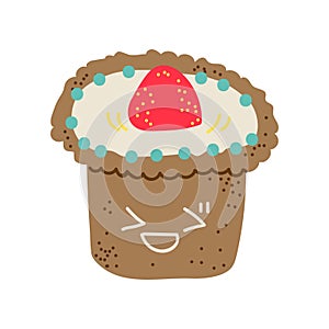 Happy Cute Delicious Muffin Cartoon Character, Adorable Kawaii Dessert with Cream and Strawberry Vector Illustration