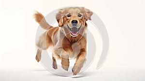 Happy cute dog, Golden Retriever Jumping and playing with it\'s owner. isolated on a white background