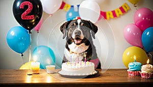 Happy cute dog in party celebrating birthday. Funny dog wearing pary hat, birthday celebration card. Happy pets. Generative AI