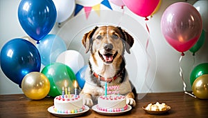 Happy cute dog in party celebrating birthday. Funny dog wearing pary hat, birthday celebration card. Happy pets. Generative AI