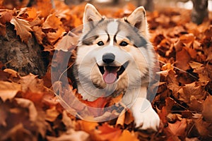 Happy Cute dog playing in a pile of colorful autumn leaves, dog care routine, luxury dog