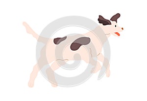 Happy cute dog running with joy. Friendly doggy walking with tail up. Joyful pet. Adorable canine animal. Flat vector