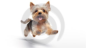 Happy cute dog, Yorkshire Terrier Jumping and playing with it\'s owner. isolated on a white background