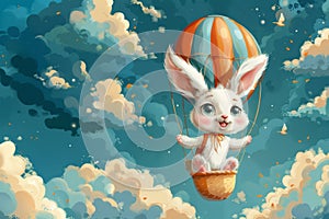 Happy Cute easter bunny flies in a hot air balloon. AI generative