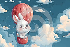 Happy Cute easter bunny flies in a hot air balloon. AI generative