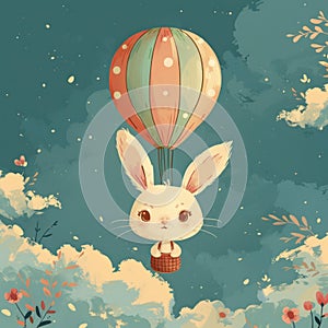 Happy Cute easter bunny flies in a hot air balloon. AI generative