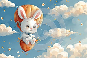 Happy Cute easter bunny flies in a hot air balloon. AI generative