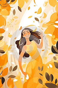 Happy cute fall character autum leaf meditating active women nature art cartoon