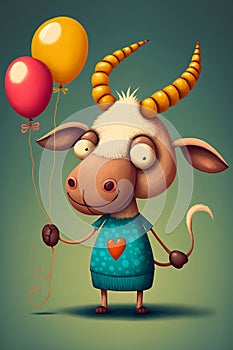 Happy Cute funny goat, balloon, heart. cartoon digital illustration