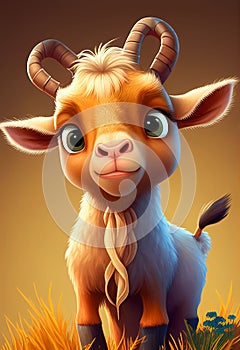 Happy Cute funny goat, cartoon digital illustration