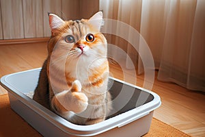 happy Cute ginger cat sitting in a litter box and looking sideways shows paw thumbs up, animal care