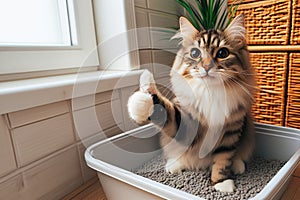happy Cute ginger cat sitting in a litter box and looking sideways shows paw thumbs up, animal care