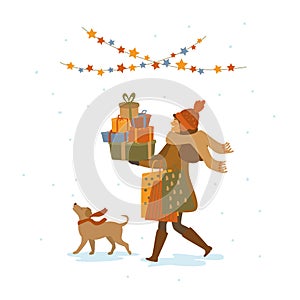 Happy cute girl with a dog shopping walking with christmas gifts presents bags, isolated vector illustration
