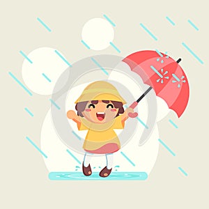 Happy cute Girl in raincoat with umbrella in autumn rainy season, illustration