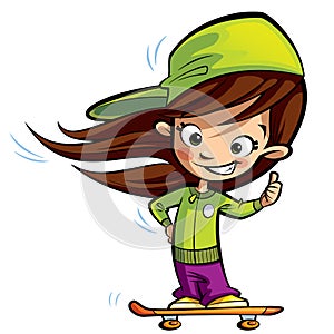 Happy cute girl on a skateboard making a thumbs up gesture