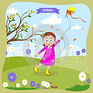 Happy cute girls playing outdoor during the spring vector illustration