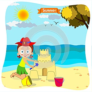 Happy cute girls playing in the sea beach during the summer vector illustration