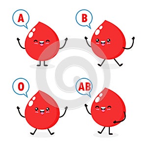 Happy Cute healthy blood drop character, Blood type group, set of cute blood types in different actions with red blood cells