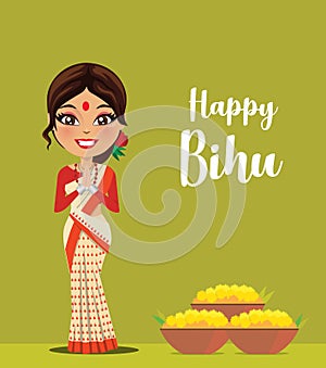 A happy and cute Indian woman wearing a traditional saree from the state of Assam in North East India celebrating festival- Vector